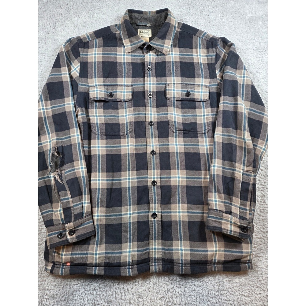 LL Bean Flannel Shirt M Navy Plaid Mens Fleece Lined Distressed 298189